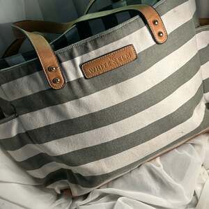 Cozy Earth Gray and White Striped Large Canvas Tote Bag with Zipper